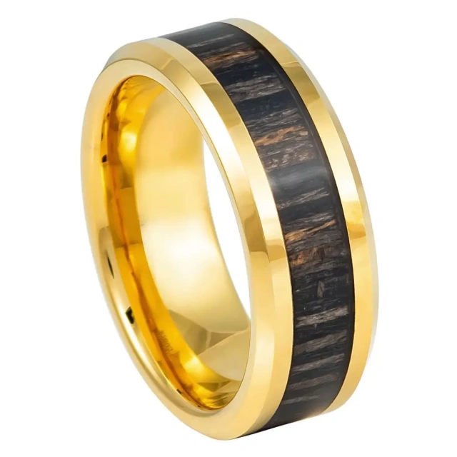 Ouyuan Jewelry Fashion Men Polish Surface Tungsten Ring Inlay Whisky Koa Wood Wedding Band Men and Women Couple Ring