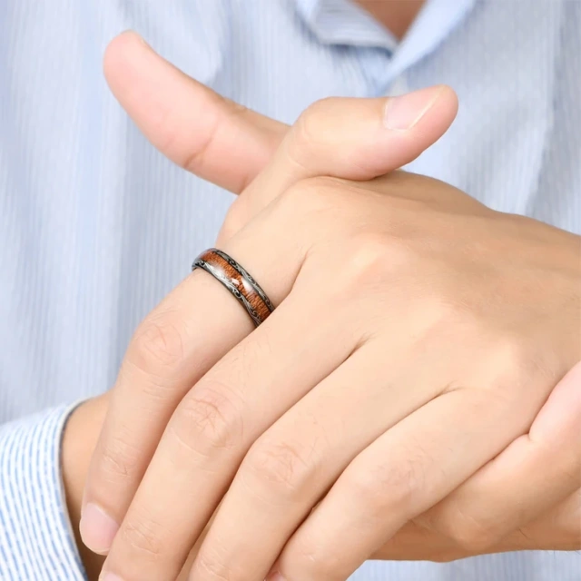 8MM Black Brushed Tungsten Carbide Wood Ring Wedding Ring Couple Set Rings