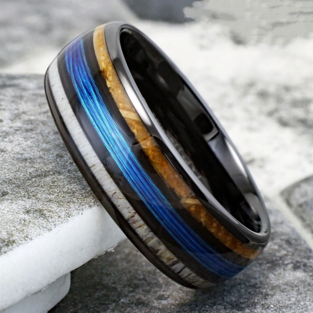 Wholesale Bulk Fine Jewelry Fashion New Design Blue Stainless Steel Fishing Line Black Plated Men Rings