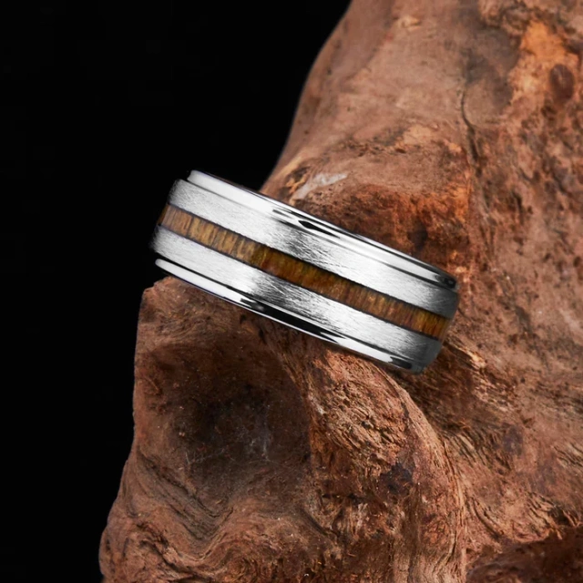 Jewelry Rings Custom 8mm Irregularly Brushed Center Teak Wood Inlay Silver Tungsten Ring Brand for Men Rings