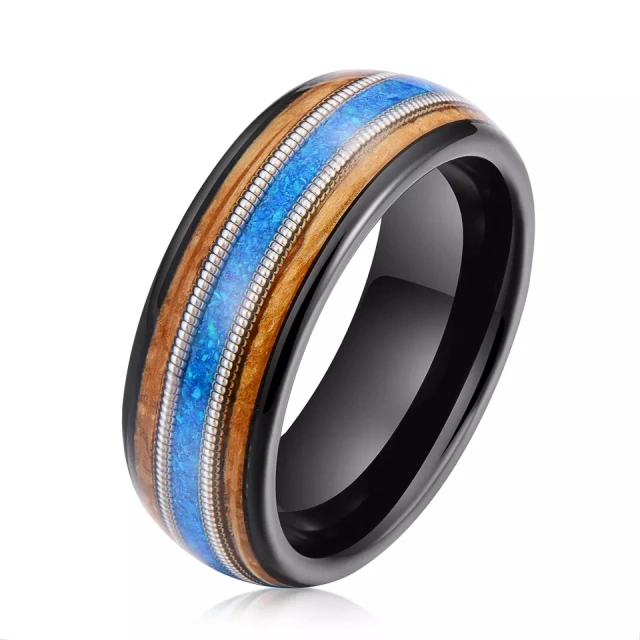 Men Women Wedding Bands Inlay Type Whisky Wood Guitar String Opal Ring Tungsten Whiskey Barrel Ring Wood Tungsten Carbide Ring