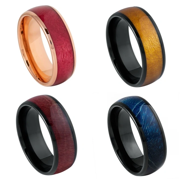 Ouyuan Jewelry Fashion Men Black and Gold Plated Tungsten Ring Inlay Whisky Koa Wood Wedding Band Unsex Ring