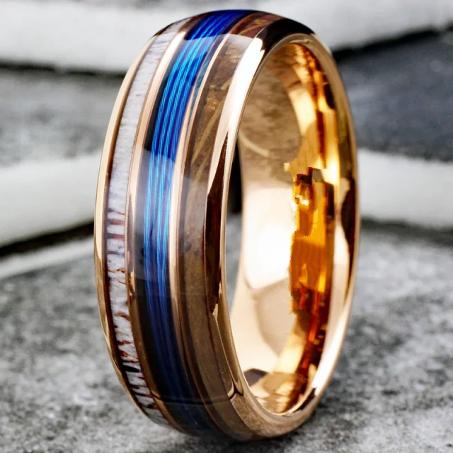 Koa Blue Fishing Lines Crushed Abalone Shell Black Plated Tungsten Ring