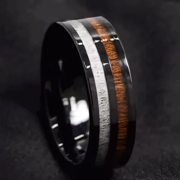Wholesale Fashion Jewelry Rings Custom Antler Whiskey Barrel Wood 8mm Black Tungsten Ring Wedding Rings Couple Set