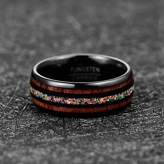 8mm Black Tungsten Ring for Men and Women Classic Style Engagement Wedding Band with Pink Opal Koa Wood Inlay for Gift