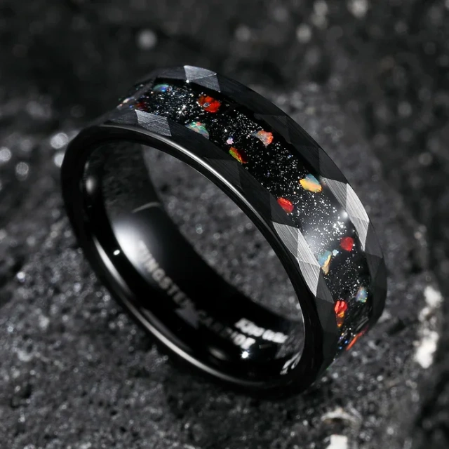 Tungsten Ring Wholesale Price 8mm Hammered Tungsten Ring Meteorite Chip Opal Inlay Fashion Engagement Wedding Band