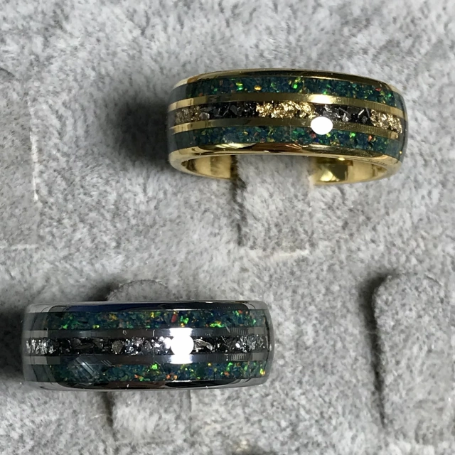 Fashion Jewelry 8mm Green Opal Meteorite Inlay Silver 18K Gold Wedding Ring Tungsten Ring Men Rings comfort Fit