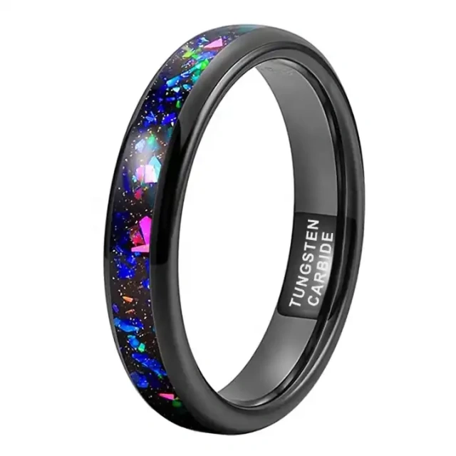 4mm Black High Polished Tungsten Wedding Bands Classic Style Inlay Opal Mens & Womens Ring Jewelry for Engagement