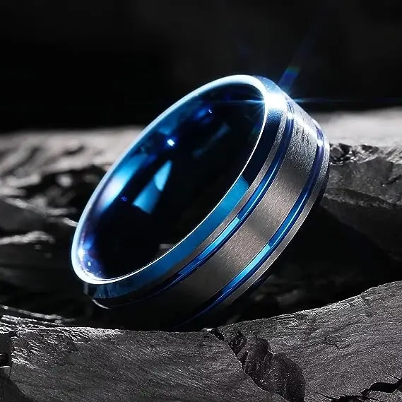 Luxury Blue Black Plated Tungsten Carbide Rings with groove Men Rings Jewelry Rings