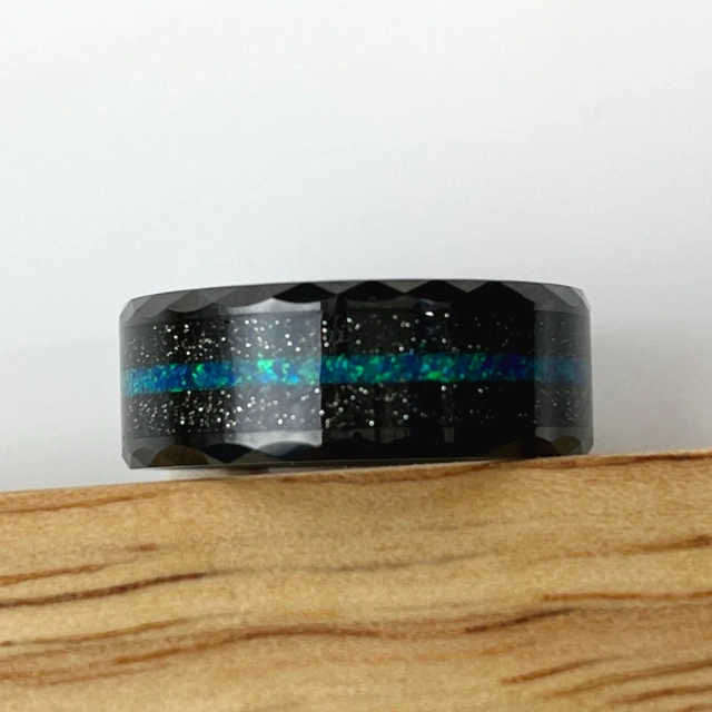 8mm Mens Multi-faceted Edge With Black Sand and Green-blue Opal Inlay Tungsten Carbide Wedding Rings Fashion Jewelry
