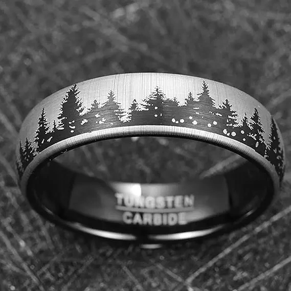 Silver Black Mens Lasered Forest Land Pattern Mountains Trees Matte Finish Wedding Rings Tungsten Rings Fashion Jewelry