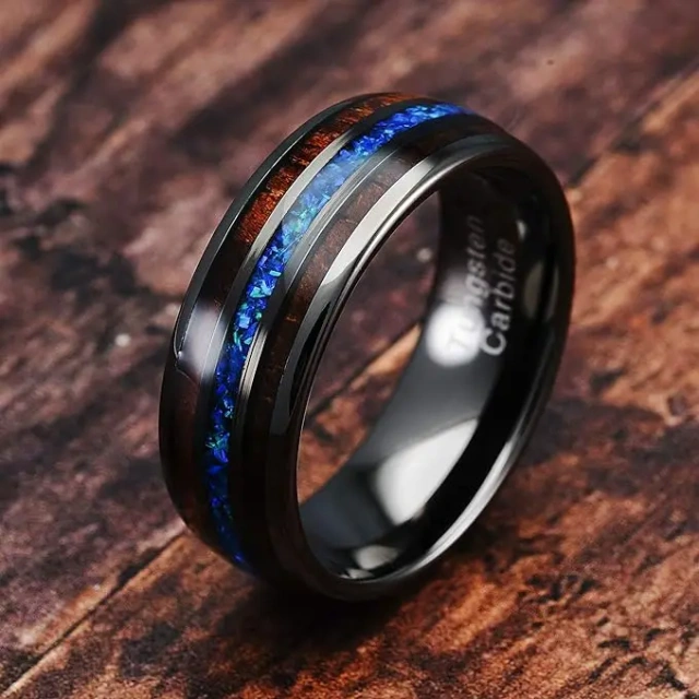 Ouyuan Jewelry Wholesale Price Hawaii Koa Wood and Blue Opal Inlay Tungsten Carbide Ring Men Fashion Rings