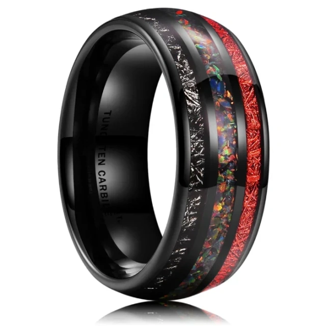 Custom Fashion Jewelry Rings 8mm Black Tungsten Rings for Men Red Opal Meteor Sticker Inlay Couple Engagement Wedding Band