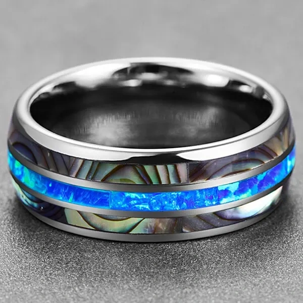 Wholesale 8mm Genuine Opal Abalone Shell Inlay Tungsten Carbide Ring for Men Women Fashion Engagement Wedding Band