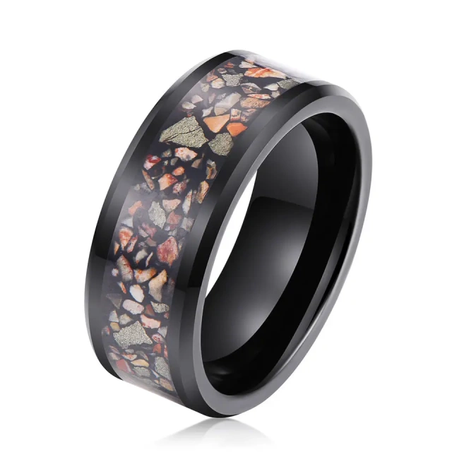 8mm Natural Stone Black Hammered Tungsten Fire Opal Ring for Men