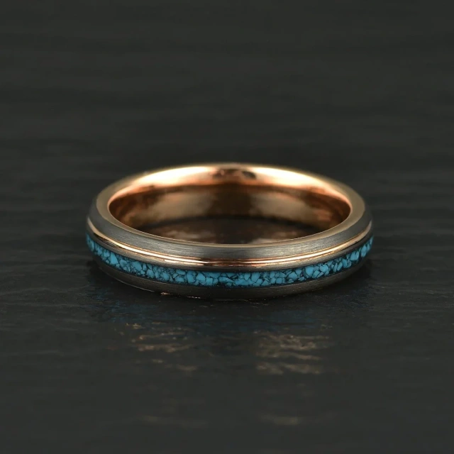 Turquoise Inlay Tungsten Ring with Rose Gold Classic Engagement Wedding Band for Men and Women Anniversaries Parties Gift