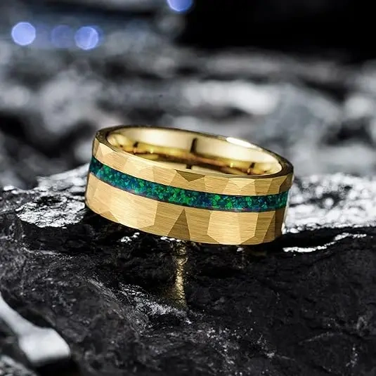 8mm Opal Inlay Hammered 18K Gold Tungsten Ring for Men Women Fashion Wedding Band Promise Rings Comfort Fit