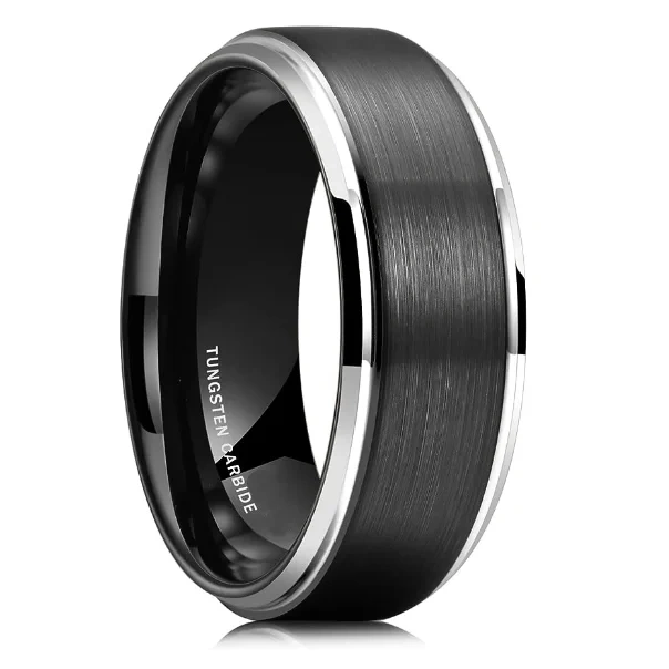 Fashion Jewelry Luxury Black Silver Brushed Tungsten Carbide Rings Gold Step Edge Tungsten Men Ring for Wedding Engagement
