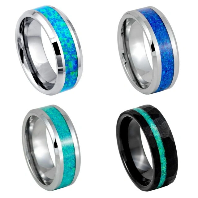 8mm Silver Plated Tungsten Ring with Blue Green Opal Inlay Comfort Fit Fashionable Men's Engagement Party Anniversary Jewelry