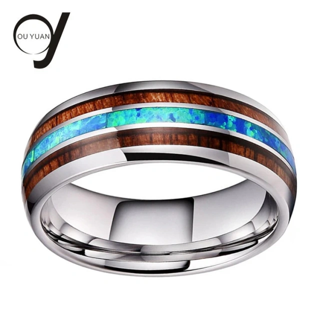 Unisex Blue Fire Opal and Koa Wood Tungsten Ring Mens Bands Opal With Dome Party Needs