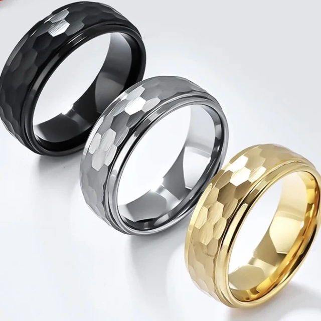 Custom Jewelry 8mm Black Golden Silver Hammered Tungsten Ring for Men Women Engagement Wedding Band