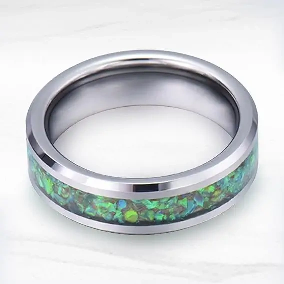 Couple Tungsten Ring 4mm 8mm Green Opal Inlay Silver Tungsten Men and Women Rings for Galaxy Opal Wedding Ring Tungsten