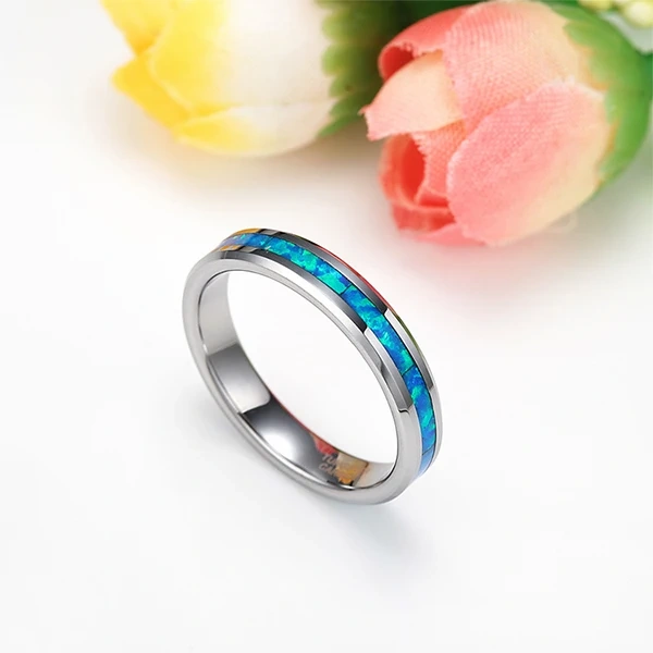 2025 Guangzhou Jewelry 4mm Blue Genuine Opal Inlay  Tungsten Ring for Women Men Engagement Wedding Band