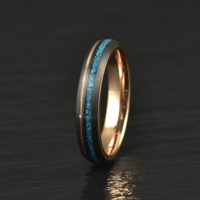 Turquoise Inlay Tungsten Ring with Rose Gold Classic Engagement Wedding Band for Men and Women Anniversaries Parties Gift