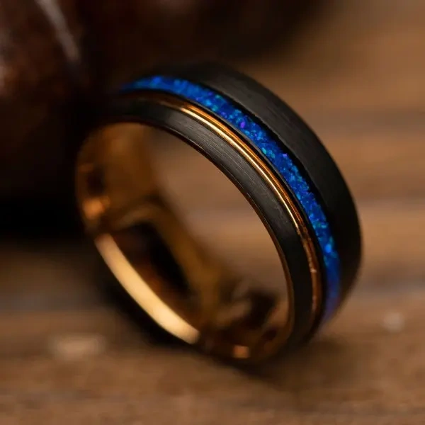 Comfort Fit Tungsten Carbide Ring 8MM  Blue Opal Inlay Tungsten Ring for Men