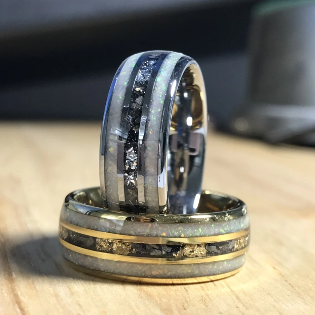 Hot Sale Jewelry 8mm White Opal Inlay Silver Gold Plated Tungsten Ring Men Rings Women Engagement Wedding Band Rings comfort Fit