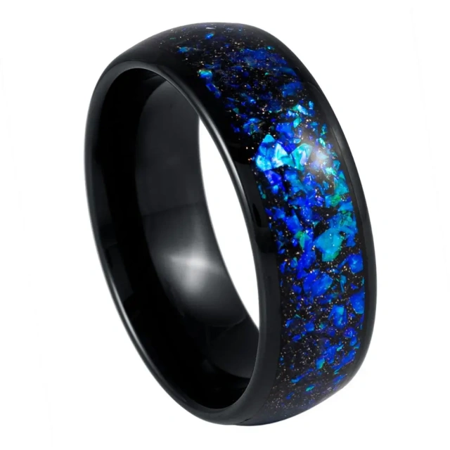 Luxury Hammerd 8mm Men's Tungsten Ring Fire Opal Inlay Black Plated Wedding Band Engagement Rings