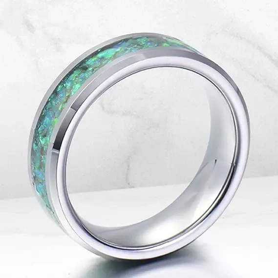 Couple Tungsten Ring 4mm 8mm Green Opal Inlay Silver Tungsten Men and Women Rings for Galaxy Opal Wedding Ring Tungsten