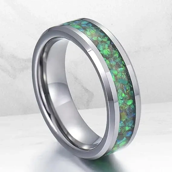 Couple Tungsten Ring 4mm 8mm Green Opal Inlay Silver Tungsten Men and Women Rings for Galaxy Opal Wedding Ring Tungsten