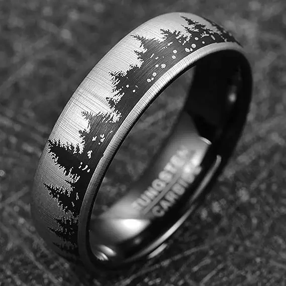 Silver Black Mens Lasered Forest Land Pattern Mountains Trees Matte Finish Wedding Rings Tungsten Rings Fashion Jewelry