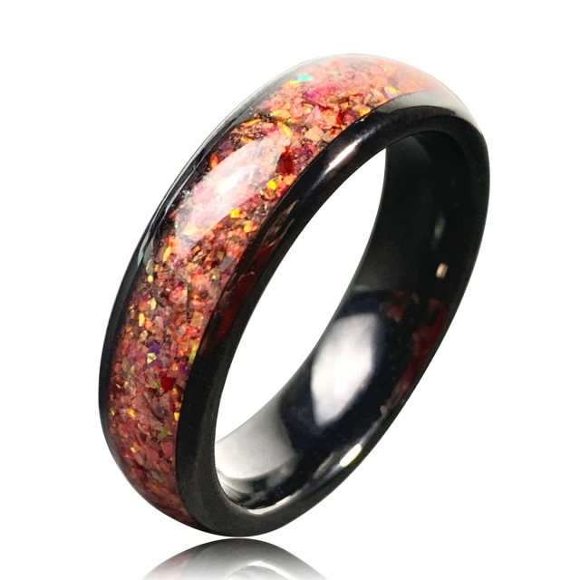 Ouyuan 8mm Engagement Promise Wedding Band for Men Women Imitated Red Agate Chip Inlay Domed Black Tungsten Ring