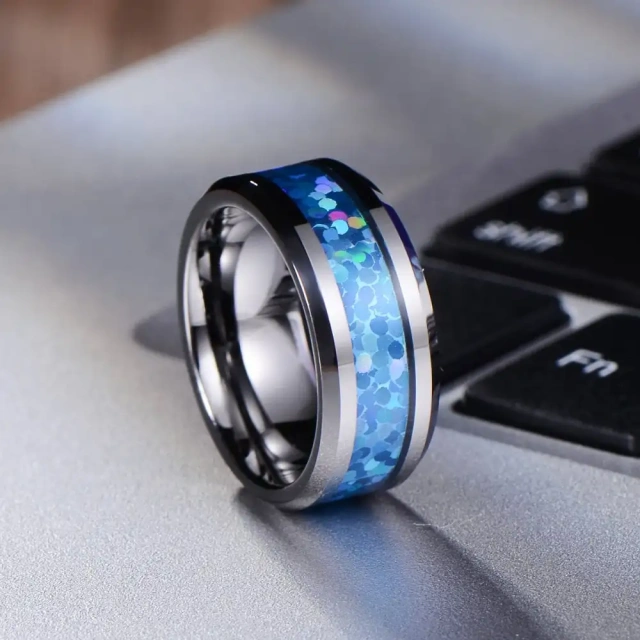 Oem Custom logo 8MM Tungsten Carbide Rings for Men Silver Plated Inlay Blue galaxy Opal