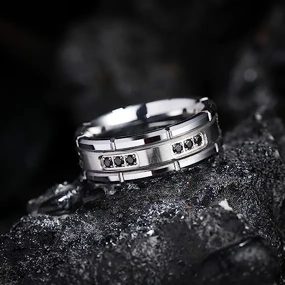 8mm Tungsten Ring for Men and Women Comfort Fit with Princess CZ Stone Inlay Engagement Promise Wedding Band Fashion Jewelry