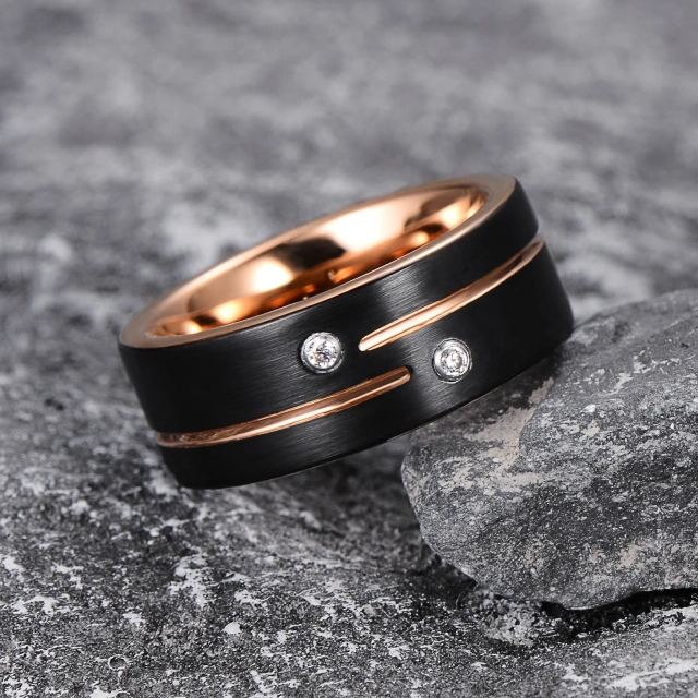 Wholesale Jewelry Rings 8mm Black and Rose Gold 18K Couple Tungsten Ring Wedding Band Cz Stone Grooved Pipe Cut Brushed