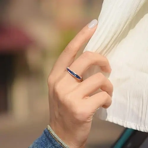 Ouyuan Jewelry Turquoise Inlay 4mm Tungsten Carbide Ring Plated Silver Wedding Band Couple Men and Women comfort It Ring