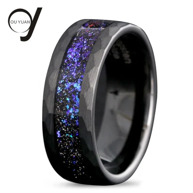 Latest Wedding Ring Hammered Black Tungsten Ring Design Male Boy with Fire Blue Opal