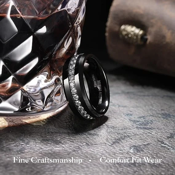 8mm Black Tungsten Carbide Wedding Band for Men Women Comfort Fit Cubic Zirconia Stone Inlay Engagement Gift Party Anniversary