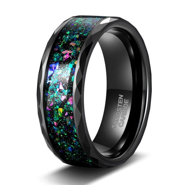 8mm Mens Multi-faceted Edge With Black Sand and Green-blue Opal Inlay Tungsten Carbide Wedding Rings Fashion Jewelry