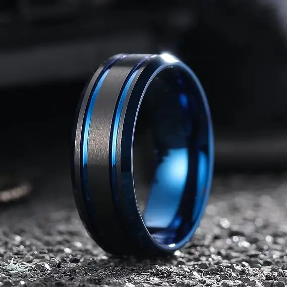 Luxury Blue Black Plated Tungsten Carbide Rings with groove Men Rings Jewelry Rings