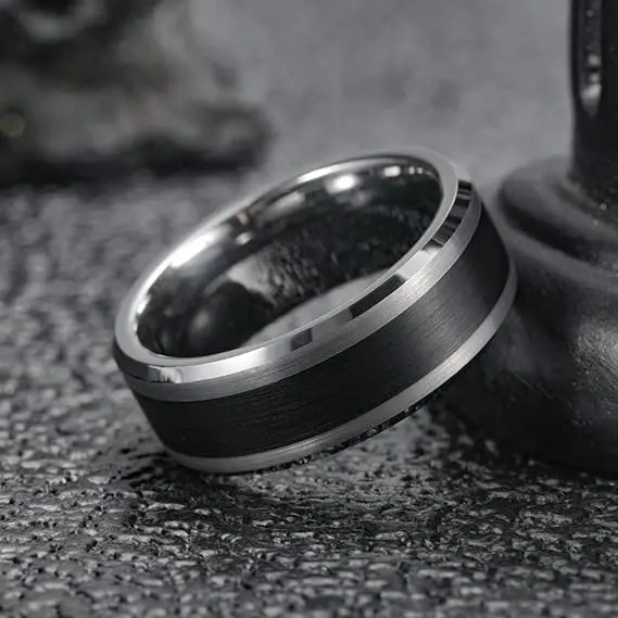 8MM Fashion Jewelry Silver Brushed Finish and Black Center Beveled Edge Wedding Rings Men Tungsten Rings Gift