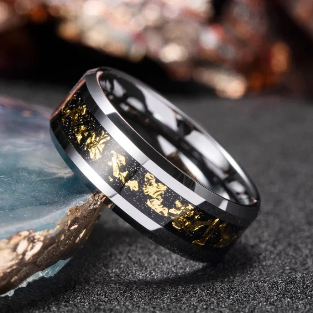 Fashion Jewelry 8mm Meteorite and Gold Leaf Ring Inlay Silver Gold Tungsten Ring for Men Women Fashion Wedding Engagement Band