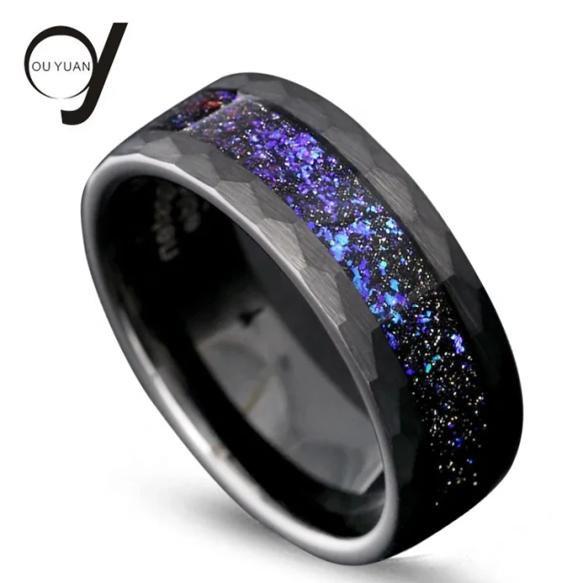 Latest Wedding Ring Hammered Black Tungsten Ring Design Male Boy with Fire Blue Opal