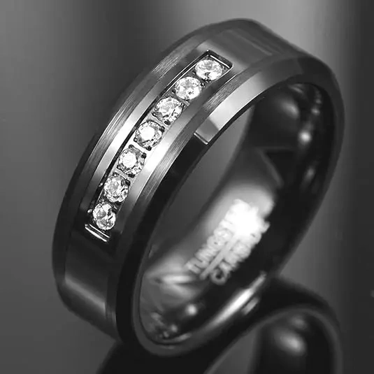Ouyuan Jewelry 8mm Wholesale Men Women Engagement Eternity Wedding Band CZ Stone Inlay All Around Black Tungsten Carbide Ring