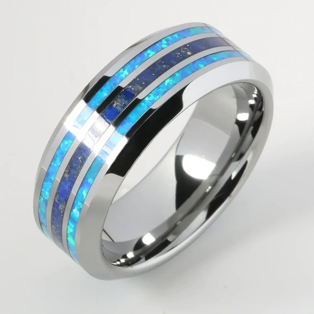 Hot Selling Silver Color Plated Opal Inlay Style with groove Tungsten Carbide Rings for Mens