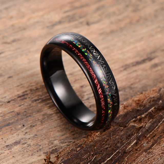 Ouyuan Hardware Jewelry RTS 6mm Wedding Band Rings Men Inlay Opal Black Men Tungsten Carbide Ring comfort Fit