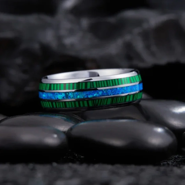 Wholesale 8mm Green Malachite Genuine Opal Inlay Silver Tungsten Carbide Ring for Men Women Fashion Engagement Wedding Band